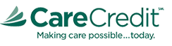The image displays a logo with text reading 'CareCredit' and below it, additional text stating 'Financial Services.' The logo features a stylized design with a bird's silhouette and a leaf, set against a gray background with a green border at the bottom.