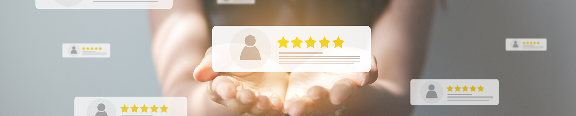 The image shows a hand reaching out towards a digital display with various icons representing different social media platforms, each accompanied by a star rating.