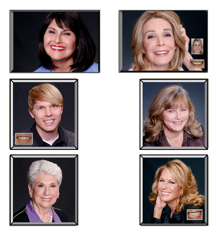 The image features six portraits of individuals, each with a different hairstyle and attire, set against a black background with a white border.